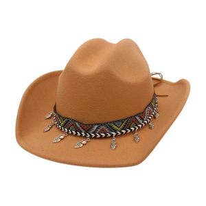 Western Cowboy Hat Ethnic Embroidered Band Silver Heart Pendants Polyester Felt Wide Brim Retro Bohemian For Men Women