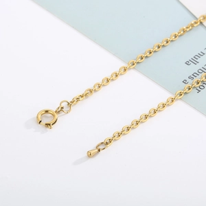 Detailed macro view of the gold titanium steel chain with spring clasp and teardrop pendant