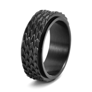 Vintage black stainless steel dragon scale spinner ring with textured relief pattern