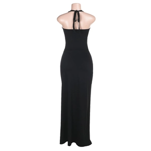 Detailed back view of a slim-fit black halter maxi dress with crisscross tie-up straps