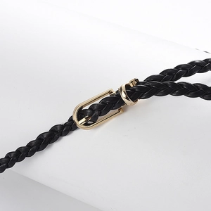 Minimalist black braided leather belt for women featuring a sleek gold metal buckle