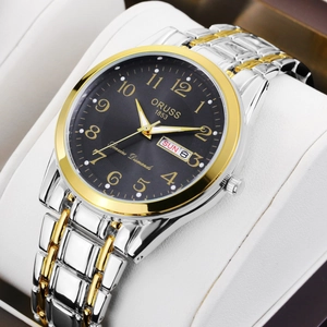 Luminous quartz watch with two-tone silver gold band and black large numeral dial