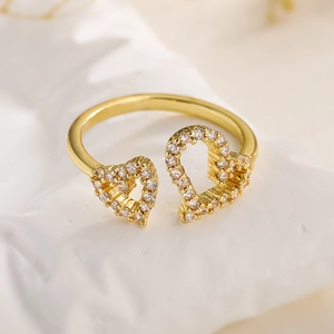 Gold open heart ring with hollow geometric design and sparkling zircon stones for women