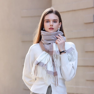 Beige and white plaid scarf with tassels, soft cashmere-like autumn winter pashmina shawl