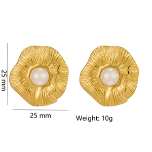 Vintage floral stainless steel earrings with white pearl and 25mm size measurement