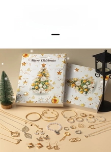 Detailed view of a 24-day Christmas advent calendar box with golden jewelry surprises