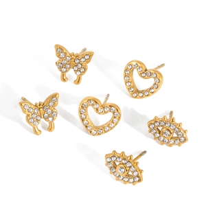 6-piece gold earring set with rhinestone butterfly, heart, and evil eye studs