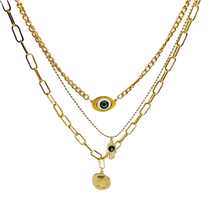Three-layer gold stainless steel necklace with Evil Eye and Hamsa Hand pendants