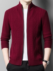 Close-up of wine red knitted cardigan with vertical texture and stylish stand collar