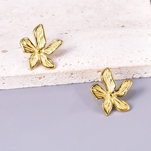 French vintage 18k gold plated stainless steel earrings with 3D embossed flower petals