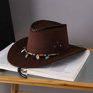 Brown faux suede western cowboy hat with ethnic beaded band and adjustable chin strap