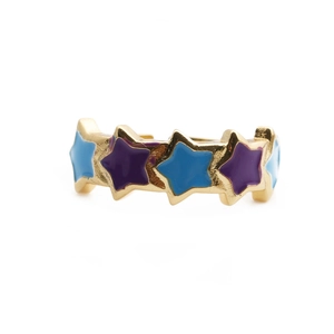Bague ouverte dorée de style français avec des étoiles en émail bleu ciel et violet