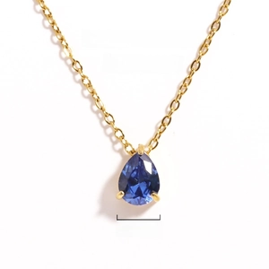 Detail showing a 6x8mm blue pear-cut zircon pendant with 42cm gold chain specifications