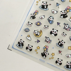 3D cute panda nail art stickers featuring space and cloud designs on KX-352 adhesive sheet
