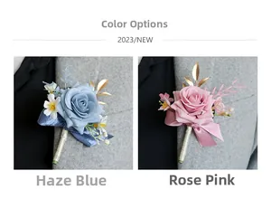 Detail of dusty blue and dusty pink satin rose boutonnieres on a grey wool suit lapel