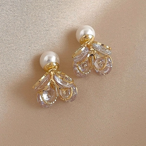 Zircon Artificial Pearl Badminton Shuttlecock Stud Earrings Copper With 925 Sterling Silver Earring Post Gold Plated Elegant Women