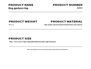 Detailed size chart for hugging hands open ring in titanium steel US size 7