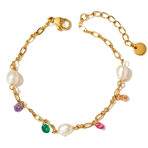 Bracelet de cheville en acier doré avec pierres colorées et perles de culture
