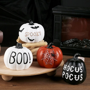 Resin Halloween Pumpkin Ornaments Spooky Boo Hocus Pocus Lettering Spider Web Bat Patterns Desktop Party Tabletop Decor