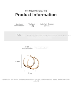 Detail of rose gold hoop earrings with zircon inlay showing dimensions 4.5cm by 3.5cm
