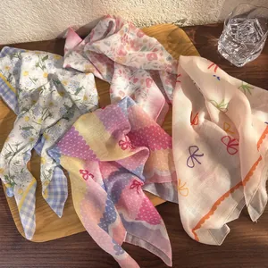 Floral Cotton Linen Square Scarf Pastoral Style Headband Bandana Fashion Neck Accessory For Women