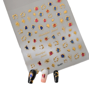 3D metallic gold nail stickers with 3D colorful gemstones for artistic manicure