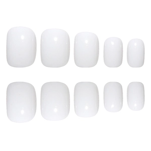 Glossy white short square artificial nail tips set with 10 pieces on white background