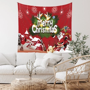 Detailed close-up of Merry Christmas tapestry featuring Santa Claus and reindeer on a wall