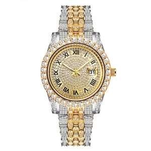 Luxury two-tone quartz watch for men with rhinestones, roman numerals and date window