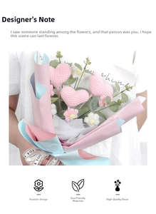 Detailed view of hand-knitted crochet heart bouquet wrapped in pink and blue paper