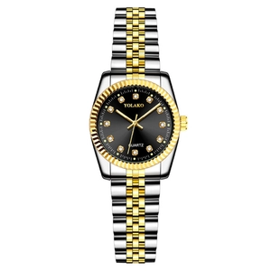 Close-up of gold and silver steel watch with black dial and diamond markers