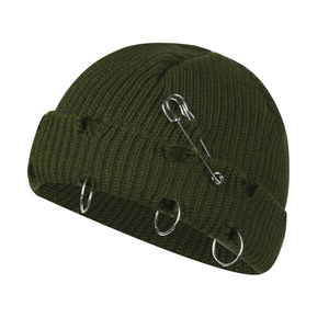 Army green distressed knit beanie featuring street style rip detail and metal rings