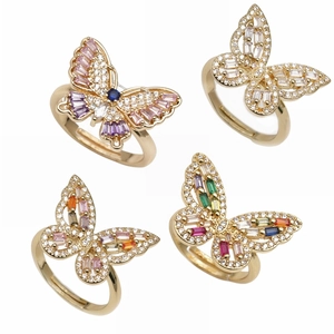 Butterfly Open Ring Copper With Colorful Zircon Micro Pave Adjustable Gold Plated Fashion Jewelry For Women