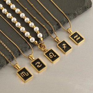 Minimalist 18K gold stainless steel zodiac pendant necklaces with pearls on stone plate