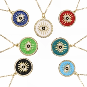 Evil Eye Pendant Necklace Gold Plated Copper Round Enamel Cubic Zirconia Jewelry Women