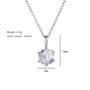 Silver 6-prong round zircon necklace, 40+5cm chain, 4.2g weight, minimalist jewelry
