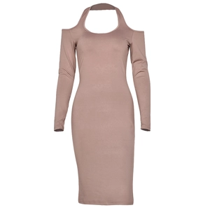 Detail of mauve halter-neck bodycon dress showing cutout shoulders and slim fit design