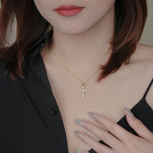 S925 sterling silver cross necklace with colorful zircons and textured gold finish