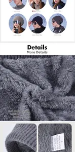 Detail view of winter knitted hat featuring soft thick fleece lining and material tags