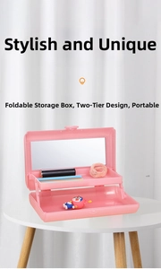 Pink double-layer folding cosmetic box with built-in makeup mirror and storage space