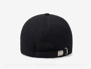 Detail of the thickened wool baseball cap featuring metal buckle and ribbed back design