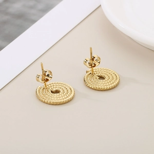 Golden spiral textured stainless steel stud earrings with round disk design