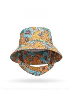 Front view of floral outdoor sun hat with large brim and chin strap in yellow and blue