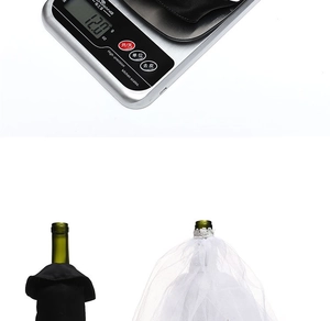 Detailed view of wedding dress wine bottle cover with white tulle and 12g weight measure