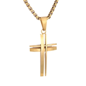 Polished gold stainless steel hollow cross pendant necklace with box chain for women