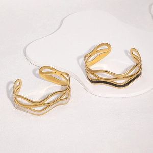 Bracelet Jonc Ouvert Vague Irrégulière Multicouche Acier Inoxydable Plaqué Or 18K Émail Bijoux Minimalistes Femmes