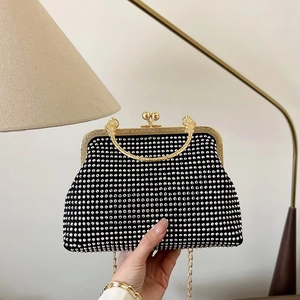 Elegant Rhinestone Evening Clutch Bag With Ring Handle Metal Chain For Women Party Wedding Vintage PU Shell Purse