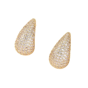 Luxurious gold teardrop stud earrings with pavé crystals in a symmetrical 45-degree view
