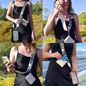 Crossbody phone strap set with black and white zigzag pattern and detachable coin purse