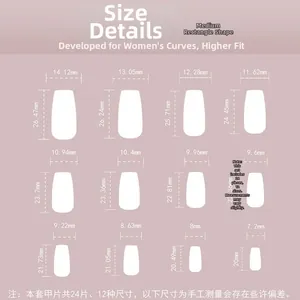Size chart showing 24pcs medium-long square press-on nails with 12 precise measurements